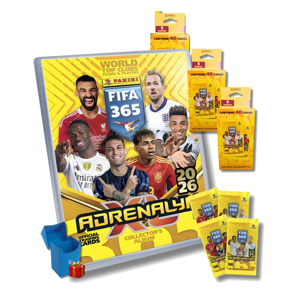 Pack FIFA 365 Adrenalyn XL 2026: archivador megapack, 3 blísteres de 8 sobres, 4 sobres y deck box de regalo