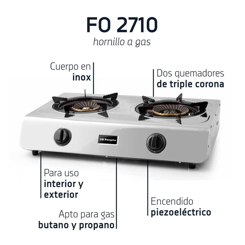 Hornillo a Gas FO 2710 Inox 2 Fuegos Triple Corona 7.7kW