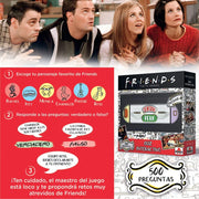 FRIENDS QUIZ juego de mesa con botones Central Perk y Central para responder verdadero o falso, incluye locutora electrónica que formula preguntas sobre Rachel, Ross, Monica, Chandler, Joey y Phoebe
