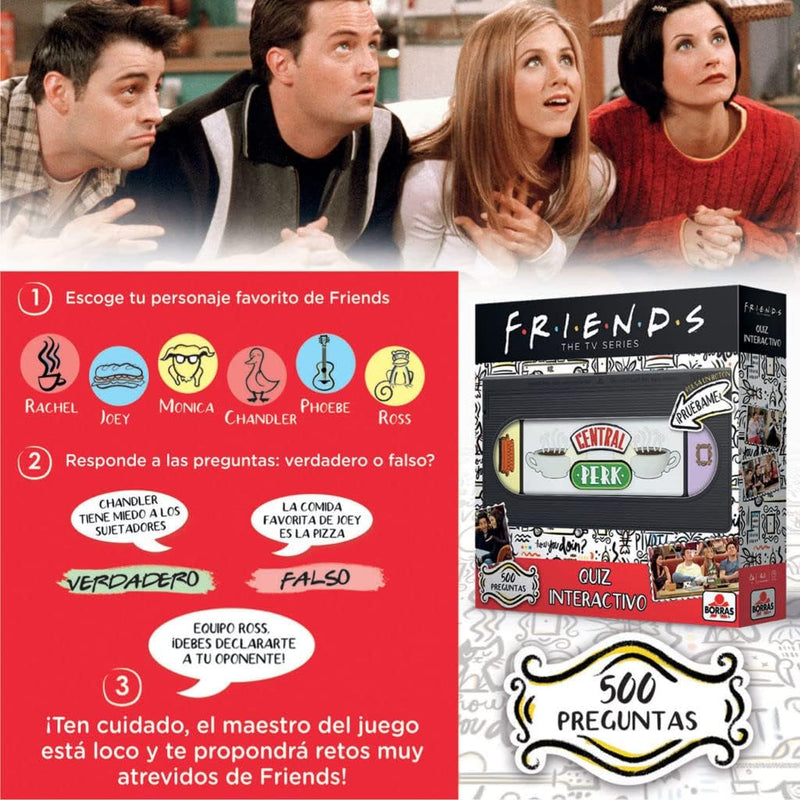 FRIENDS QUIZ juego de mesa con botones Central Perk y Central para responder verdadero o falso, incluye locutora electrónica que formula preguntas sobre Rachel, Ross, Monica, Chandler, Joey y Phoebe
