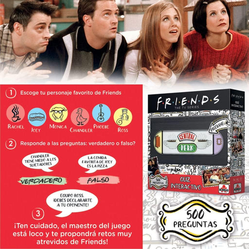 FRIENDS QUIZ juego de mesa con botones Central Perk y Central para responder verdadero o falso, incluye locutora electrónica que formula preguntas sobre Rachel, Ross, Monica, Chandler, Joey y Phoebe
