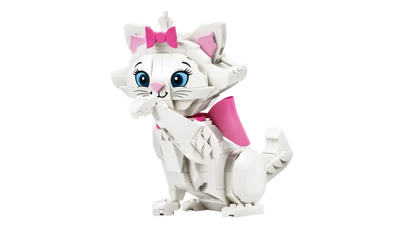 Figura LEGO Marie de Los Aristogatos construible articulada blanca con lazo rosa
