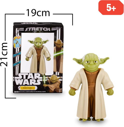 Figura Yoda estirable mostrando capacidad de elongación con orejas puntiagudas características y expresión sabia del maestro Jedi
