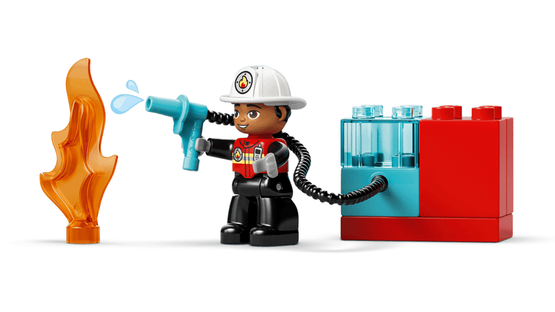 Figura bombero LEGO DUPLO 10473 con manguera apagando llamas, accesorios de rescate
