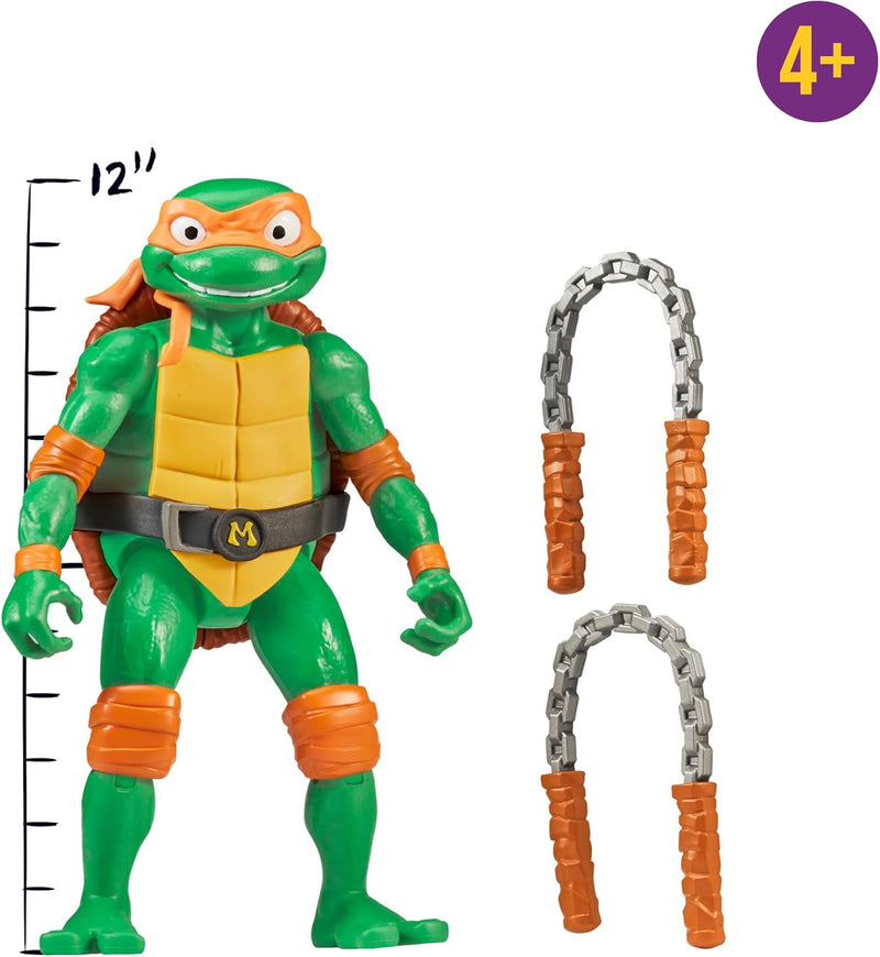 Figura gigante Michelangelo Tortugas Ninja de 30 centímetros mostrando articulación completa, expresión alegre y presencia vibrante del ninja creativo
