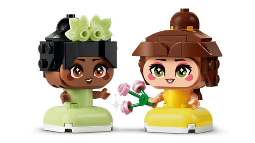Figuras LEGO Bella vestido amarillo y Tiana vestido verde con accesorios
