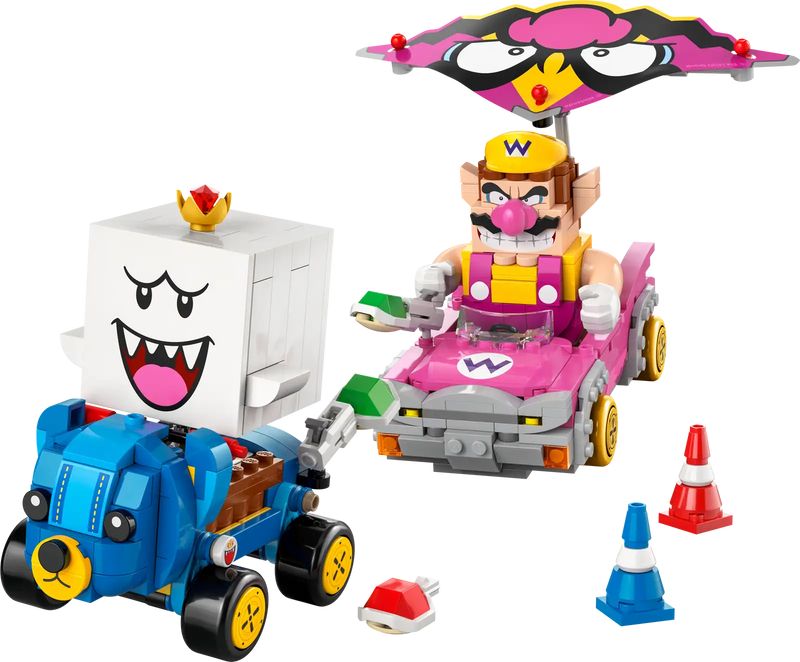 Figuras LEGO Super Mario 72038: Wario y Rey Boo con conos de tráfico, caparazones lanzables y accesorios de Mario Kart
