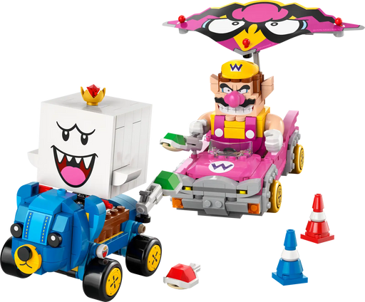Figuras LEGO Super Mario 72038: Wario y Rey Boo con conos de tráfico, caparazones lanzables y accesorios de Mario Kart
