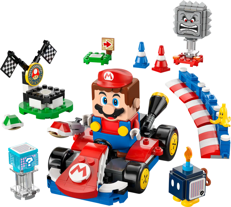 Figuras LEGO Super Mario 72043: Mario interactivo, Bob-omb, Roca Picuda con caja de objetos y elementos del circuito de Mario Kart
