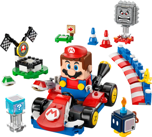 Figuras LEGO Super Mario 72043: Mario interactivo, Bob-omb, Roca Picuda con caja de objetos y elementos del circuito de Mario Kart
