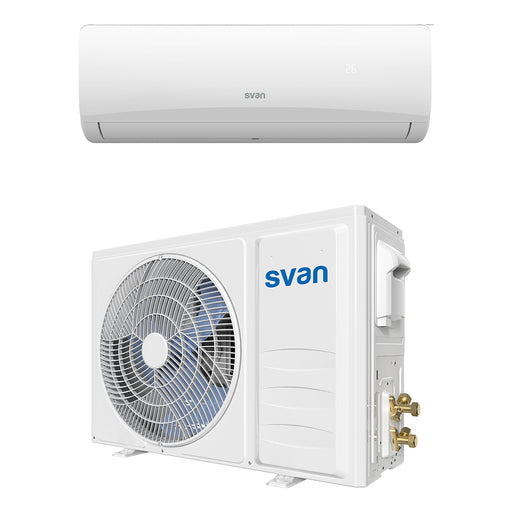 Svan SAAS1202: unidad interior de pared blanca con display y unidad exterior del split de 3.000 frigorías