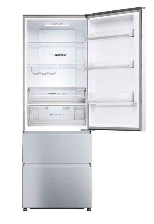 Frigorífico Combi Haier HTR5720ENMG 483L No Frost Inox 3 Puertas abierto