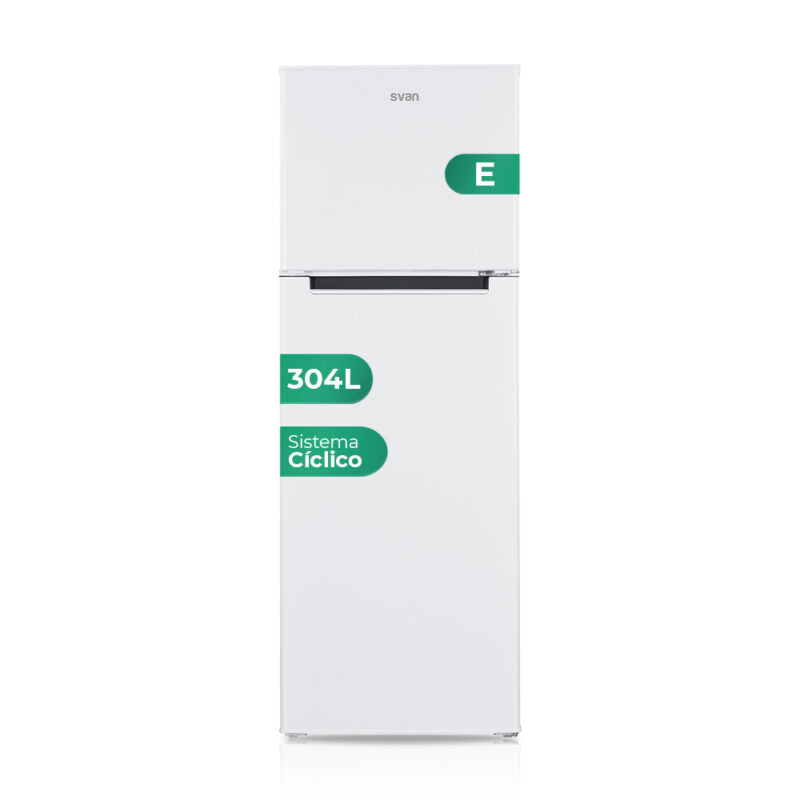 Frigorífico Svan SF17601E cerrado con etiquetas de eficiencia, capacidad total y sistema cíclico