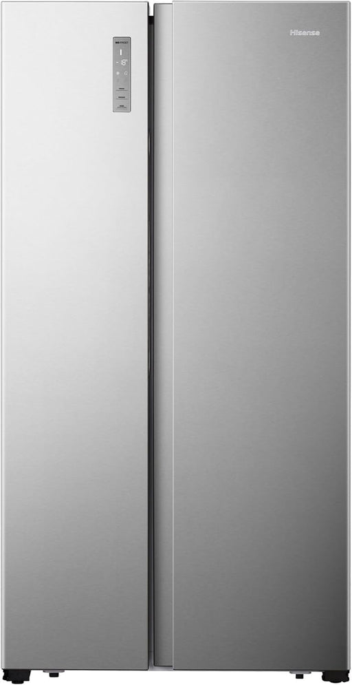 Frigorífico americano Hisense RS677N4BIE en acero inoxidable con puertas side by side abiertas mostrando su gran capacidad interior de 519 litros