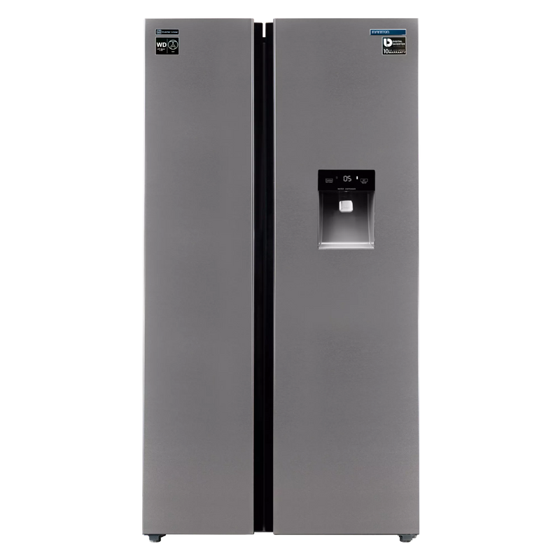Frigorífico americano Infiniton SBS-503A77XED de 503 litros en acero inoxidable con dispensador de agua integrado y pantalla táctil de control digital bi-zona
