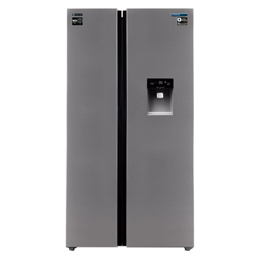 Frigorífico americano Infiniton SBS-503A77XED de 503 litros en acero inoxidable con dispensador de agua integrado y pantalla táctil de control digital bi-zona
