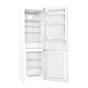 Frigorífico combi Corberó CCH324EW blanco de 293 litros con tecnología No Frost, puertas abiertas mostrando estantes de cristal y compartimentos organizados
