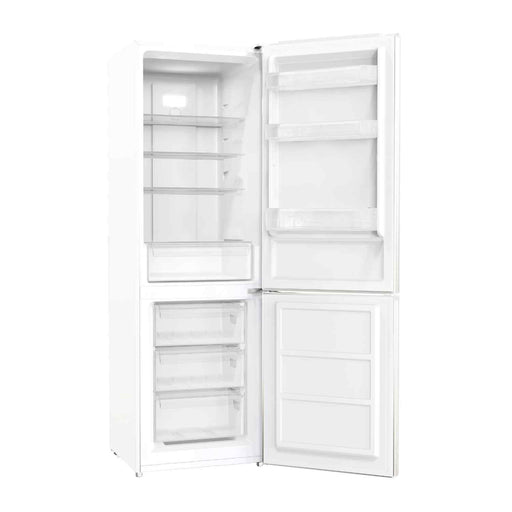 Frigorífico combi Corberó CCH324EW blanco de 293 litros con tecnología No Frost, puertas abiertas mostrando estantes de cristal y compartimentos organizados
