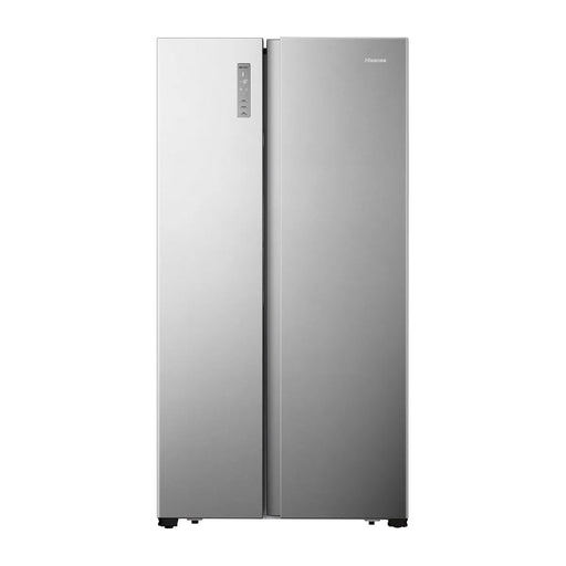 Frigorífico americano Hisense RS677N4BIE en acero inoxidable con puertas side by side abiertas mostrando su gran capacidad interior de 519 litros