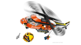 Helicóptero LEGO naranja con rotores giratorios cápsula amarilla y tiburón
