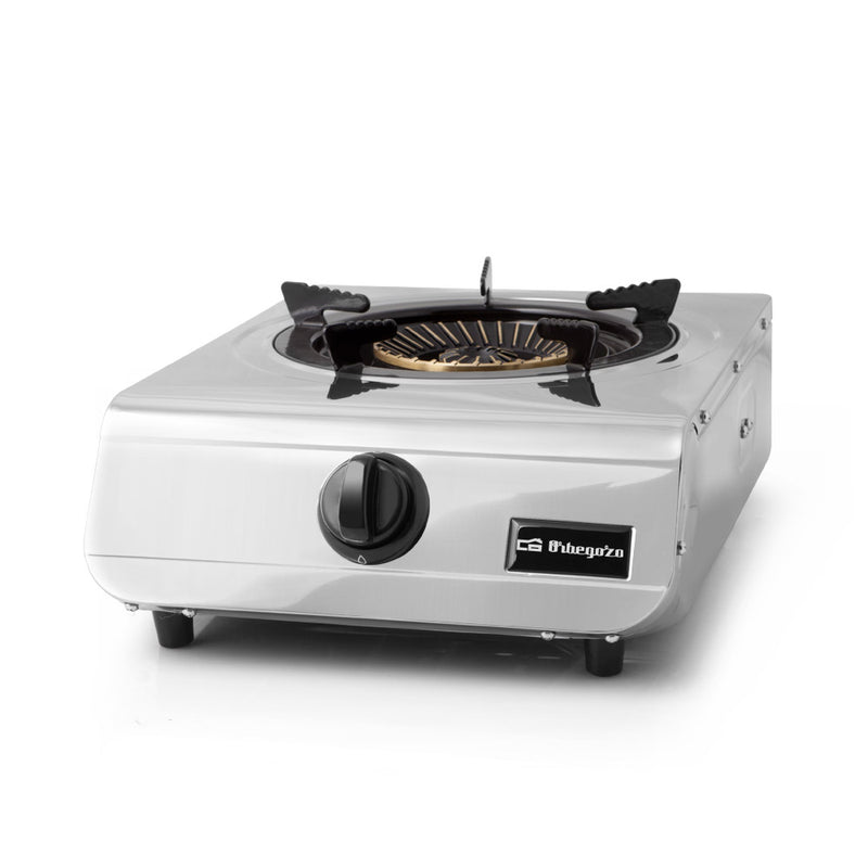 Hornillo a gas FO 1710 con cuerpo de acero inoxidable, quemador triple corona de latón 4.3kW y encendido piezoeléctrico, vista frontal completa
