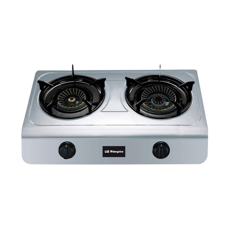 Hornillo a gas FO 2700 con cuerpo de acero inoxidable, 2 quemadores triple corona de latón 7.7kW total y doble encendido piezoeléctrico para uso exterior
