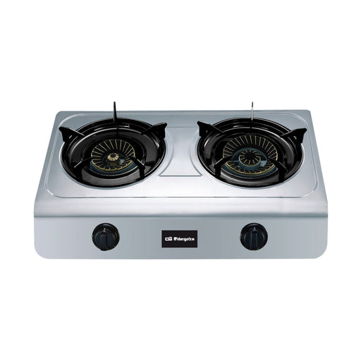 Hornillo a gas FO 2700 con cuerpo de acero inoxidable, 2 quemadores triple corona de latón 7.7kW total y doble encendido piezoeléctrico para uso exterior
