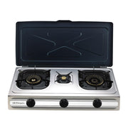 Hornillo a gas Orbegozo FO3500 con cuerpo de acero inoxidable, 3 quemadores triple corona de latón 11.5kW total y triple encendido piezoeléctrico, vista frontal completa
