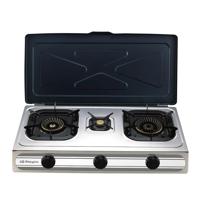 Hornillo a gas Orbegozo FO3500 con cuerpo de acero inoxidable, 3 quemadores triple corona de latón 11.5kW total y triple encendido piezoeléctrico, vista frontal completa
