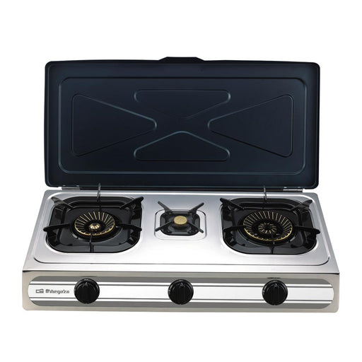 Hornillo a gas Orbegozo FO3500 con cuerpo de acero inoxidable, 3 quemadores triple corona de latón 11.5kW total y triple encendido piezoeléctrico, vista frontal completa
