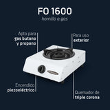Hornillo portátil FO 1600 con sistema de encendido piezoeléctrico, dimensiones compactas 290x140x390mm, perfecto para cocinar al aire libre
