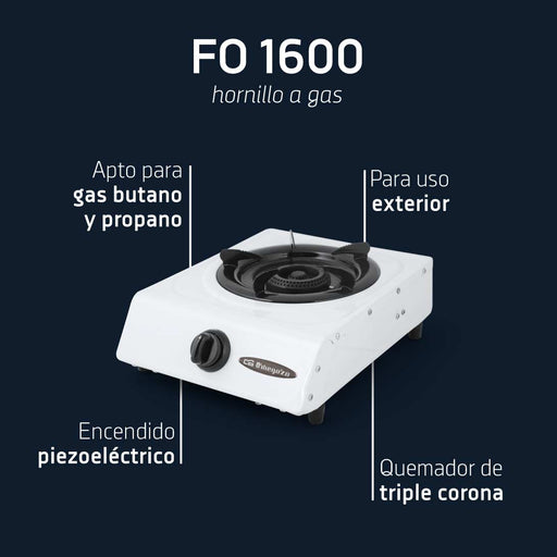 Hornillo portátil FO 1600 con sistema de encendido piezoeléctrico, dimensiones compactas 290x140x390mm, perfecto para cocinar al aire libre
