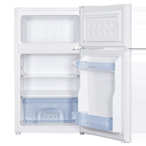 Interior del frigorífico Infiniton FG-85D8WEH con las dos puertas abiertas, bandejas de cristal y cajón Crisper Box