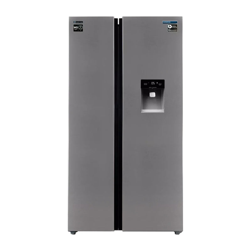 Frigorífico americano Infiniton SBS-503A77XED de 503 litros en acero inoxidable con dispensador de agua integrado y pantalla táctil de control digital bi-zona
