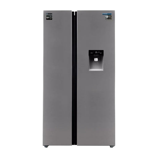 Frigorífico americano Infiniton SBS-503A77XED de 503 litros en acero inoxidable con dispensador de agua integrado y pantalla táctil de control digital bi-zona
