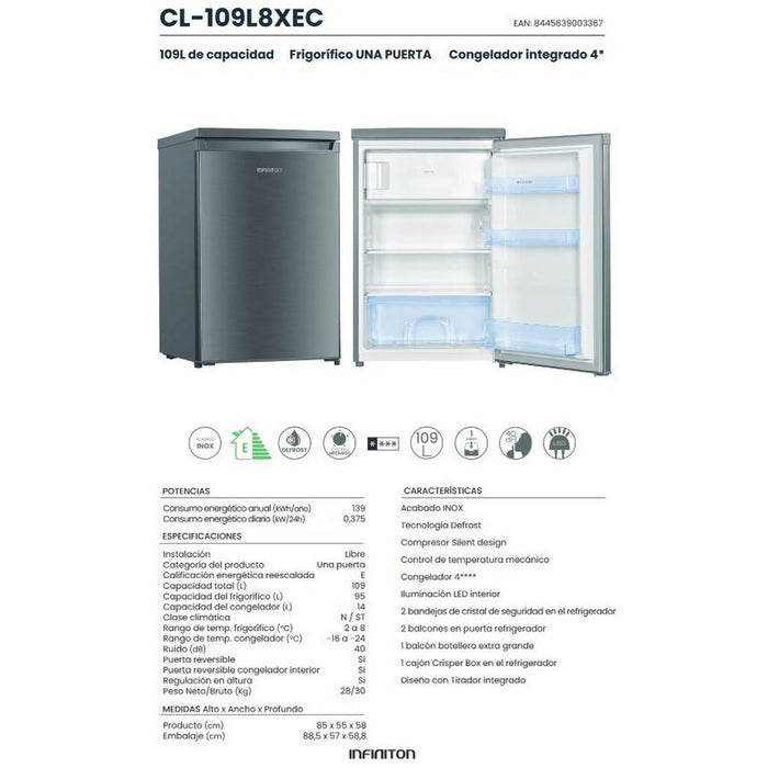 Infiniton 1 Door Table Top Stainless Steel Refrigerator (CL-109L8XEC)