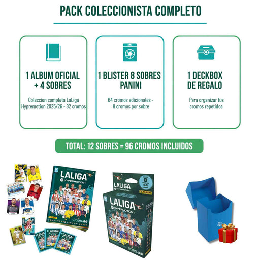 Infografía del Pack Coleccionista Completo Liga Hypermotion 2025/26 de Panini mostrando el contenido: 1 álbum oficial más 4 sobres con 32 cromos, 1 blister de 8 sobres Panini con 64 cromos adicionales, y 1 deckbox de regalo para organizar cromos repetidos. Total 12 sobres con 96 cromos incluidos.
