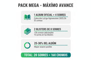 Infografía del Pack Mega Liga Hypermotion 2025/26 de Panini mostrando el contenido: 1 álbum oficial más 4 sobres con 32 cromos, 2 blisters de 8 sobres cada uno con 128 cromos adicionales, representando el 20-25% del álbum completo. Total 16 sobres con 128 cromos incluidos para el mayor avance posible en la colección.
