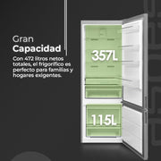 Interior del frigorífico Aspes AC186700ENFX mostrando capacidad de 357L y 115L
