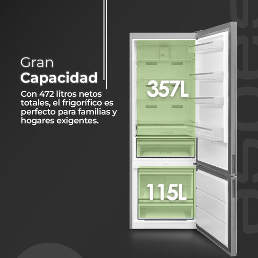Interior del frigorífico Aspes AC186700ENFX mostrando capacidad de 357L y 115L
