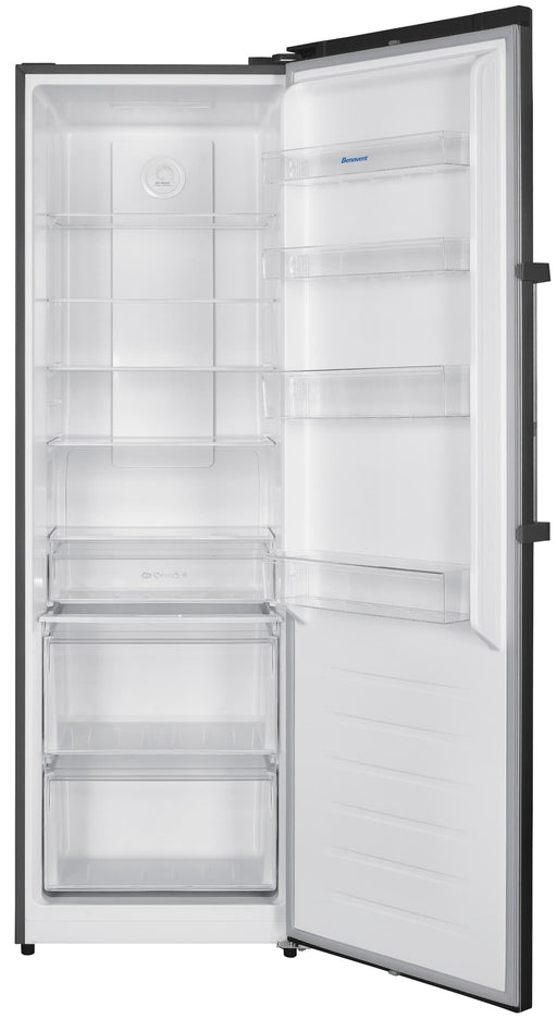 Interior del frigorífico BENAVENT F1PBHE18560DX mostrando 5 estantes de cristal templado, 3 cajones para frutas y verduras, iluminación LED y organización inteligente de 359 litros
