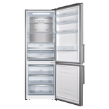 Interior del frigorífico Infiniton FGC-469WC20XEM mostrando baldas ajustables de cristal, cajones para verduras y amplio espacio de almacenamiento con iluminación LED
