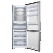 Interior del frigorífico Infiniton FGC-469WC20XEM mostrando baldas ajustables de cristal, cajones para verduras y amplio espacio de almacenamiento con iluminación LED
