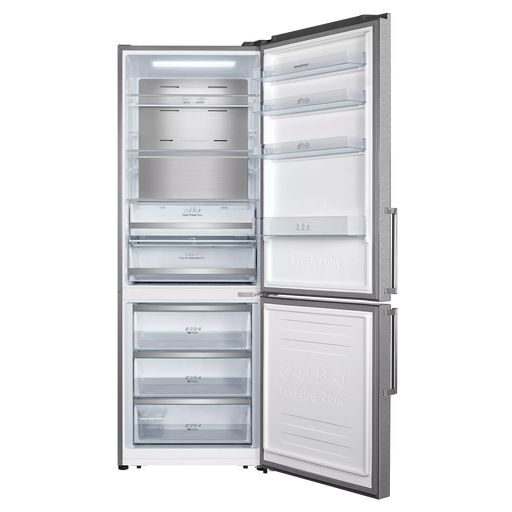 Interior del frigorífico Infiniton FGC-469WC20XEM mostrando baldas ajustables de cristal, cajones para verduras y amplio espacio de almacenamiento con iluminación LED
