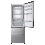 Interior del frigorífico Infiniton FRD-456WT20XEN mostrando los 3 estantes de cristal templado, cajones Fresh Zone y Crisper Box, balcones de puerta con botellero extra grande, iluminación LED y perfiles cromados, con capacidad de 344 litros en refrigerador
