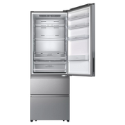 Interior del frigorífico Infiniton FRD-456WT20XEN mostrando los 3 estantes de cristal templado, cajones Fresh Zone y Crisper Box, balcones de puerta con botellero extra grande, iluminación LED y perfiles cromados, con capacidad de 344 litros en refrigerador
