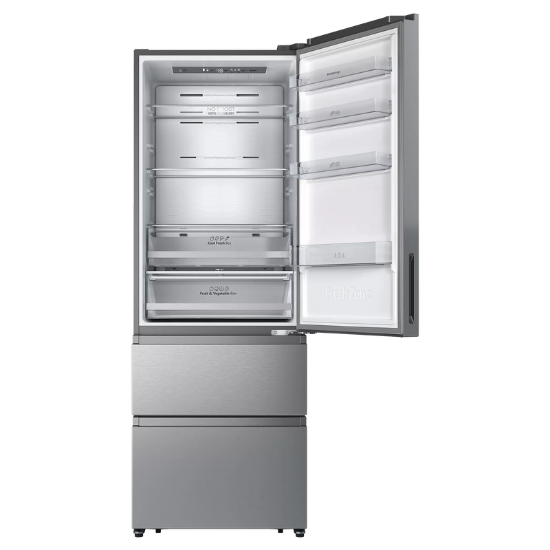 Interior del frigorífico Infiniton FRD-456WT20XEN mostrando los 3 estantes de cristal templado, cajones Fresh Zone y Crisper Box, balcones de puerta con botellero extra grande, iluminación LED y perfiles cromados, con capacidad de 344 litros en refrigerador
