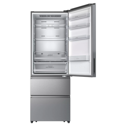 Interior del frigorífico Infiniton FRD-456WT20XEN mostrando los 3 estantes de cristal templado, cajones Fresh Zone y Crisper Box, balcones de puerta con botellero extra grande, iluminación LED y perfiles cromados, con capacidad de 344 litros en refrigerador
