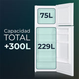 Interior del frigorífico Svan SF17601E abierto, con zonas marcadas de 229L para frigorífico y 75L para congelador