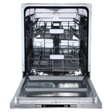 Interior del lavavajillas INFINITON DIW-BB606 mostrando la distribución de bandejas regulables, cesto para cubiertos Free Movement y sistema de rociado multidireccional para 12 servicios completos
